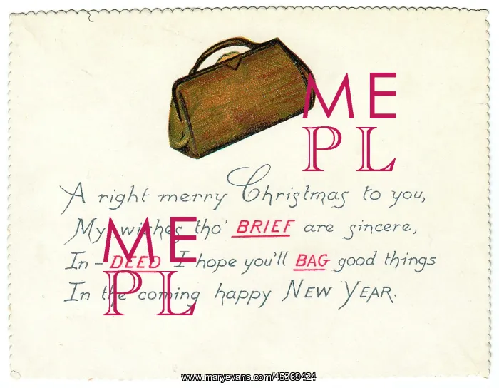 : Bag with comic verse on a Christmas card : Bag with comic verse on a Christmas card