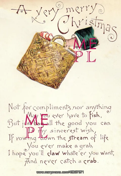 : Bag with punning verse on a Christmas card : Bag with punning verse on a Christmas card
