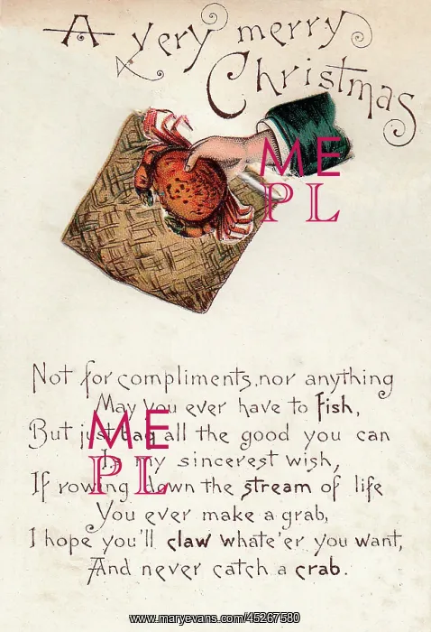 : Bag with punning verse on a Christmas card : Bag with punning verse on a Christmas card