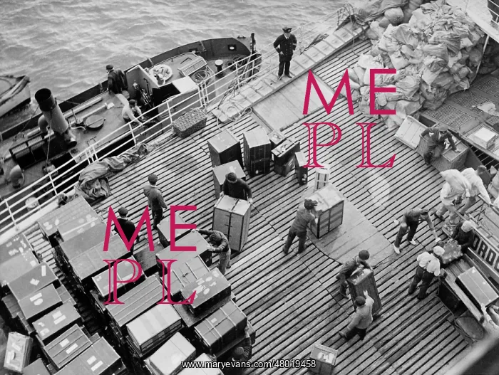 : Baggage and mail bags on a ship, 1934 : Baggage and mail bags on a ship, 1934