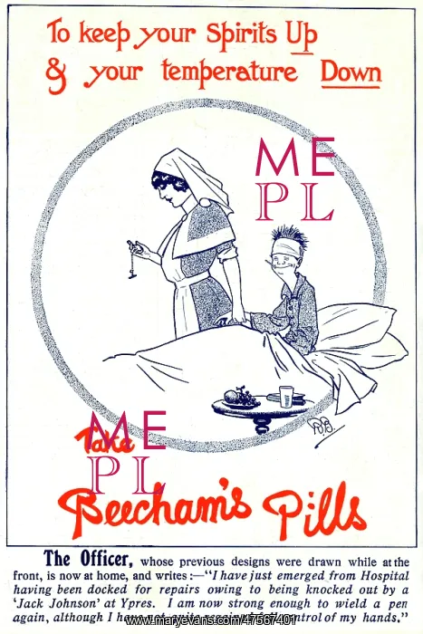 : Bairnsfather Beecham's Pills advertisement, WW1 : Bairnsfather Beecham's Pills advertisement, WW1
