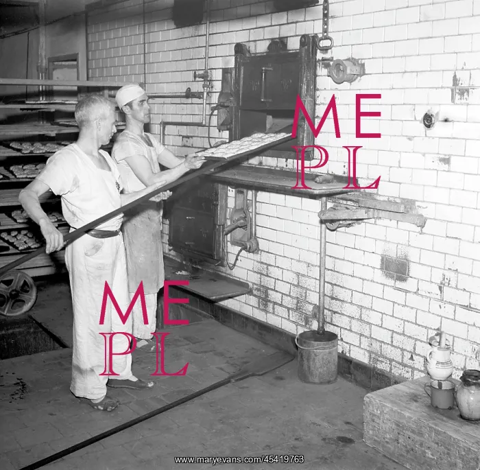  : Bakers. Prague 1947. Bakers placing dought pieces to oven. CTK Vintage Photo