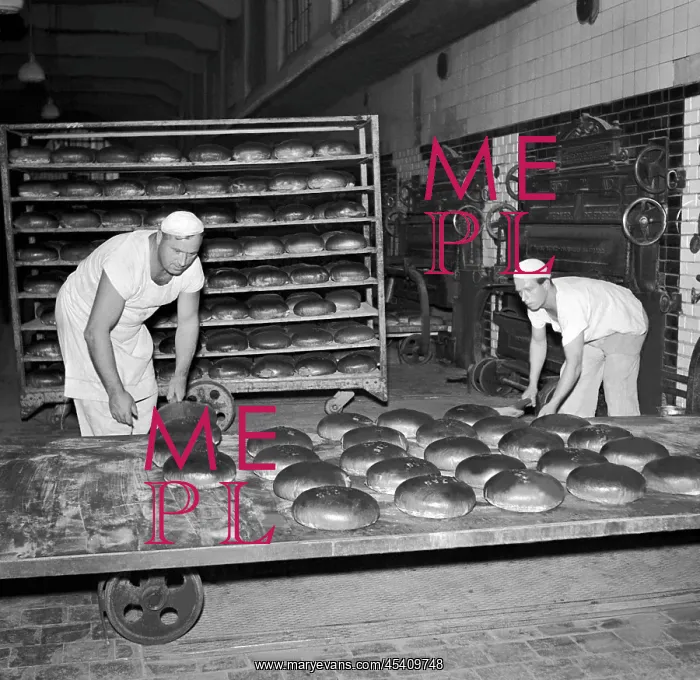  : Bakery. Czechoslovakia - Prague 1950. Bakers take out freshly baked bread from oven