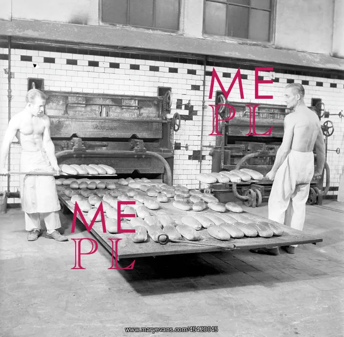  : Bakery. Czechoslovakia, Prague 1947. Loafs of freshly baked bread are coming out of oven