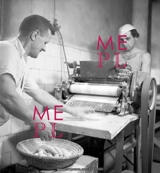  : Bakery. Czechoslovakia, Prague 1947. Bakers shaping bread buns from dought