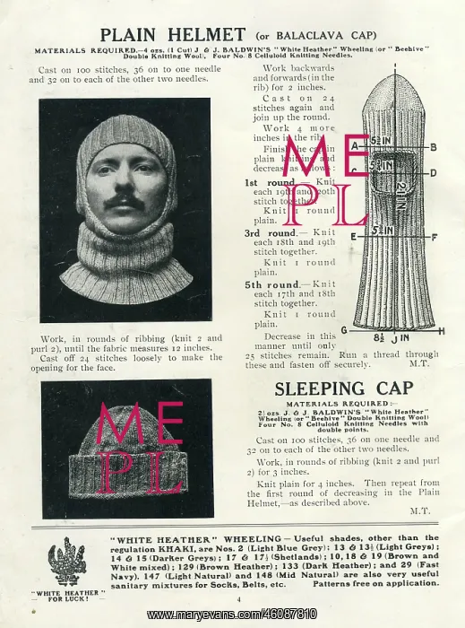 : Balaclava and sleeping cap knitting patterns, WW1 : Balaclava and sleeping cap knitting patterns, WW1