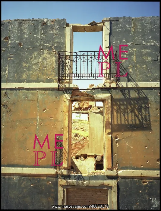 : Balcony Belchite showing bullet damage Spain : Balcony Belchite showing bullet damage Spain