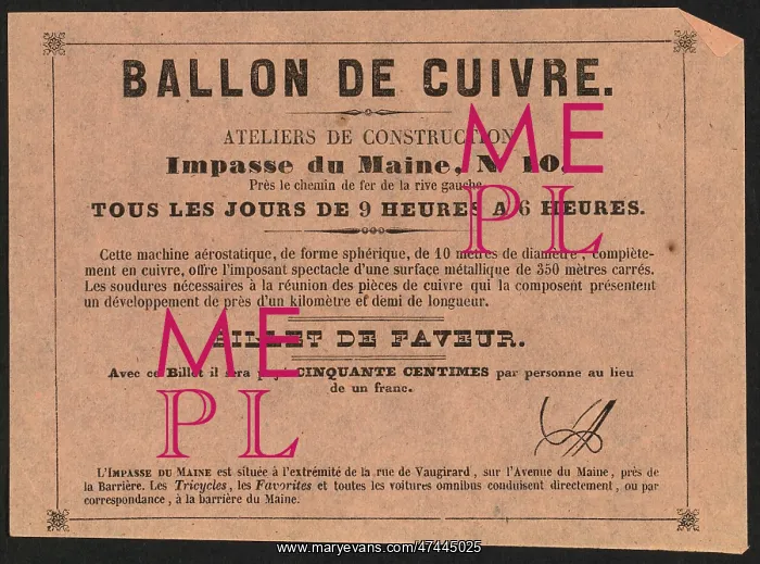 : Ballon de cuivre. Ateliers de construction, impasse du Maine : Ballon de cuivre. Ateliers de construction, impasse du Maine