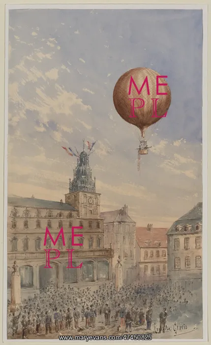 : Balloon with two passengers ascending over a town square, wi : Balloon with two passengers ascending over a town square, wi