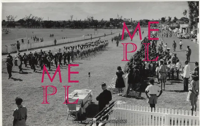 : Band of boy scouts marching at a rally, Mauritius : Band of boy scouts marching at a rally, Mauritius