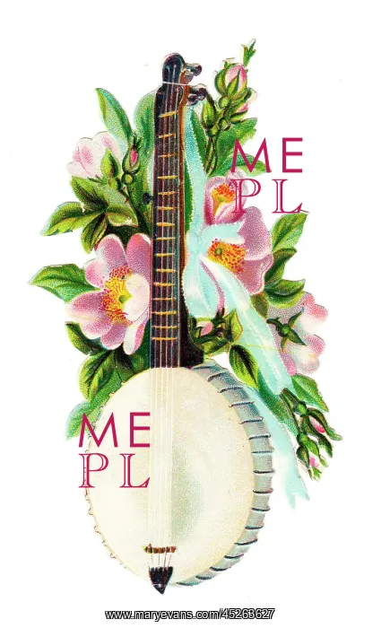  : Banjo with pink flowers on a Victorian scrap