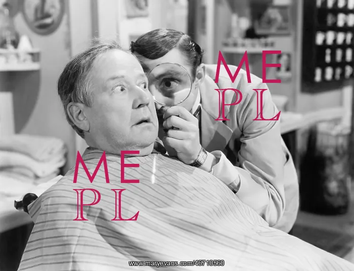 : Barber looking at a man's face through a magnifying glass : Barber looking at a man's face through a magnifying glass