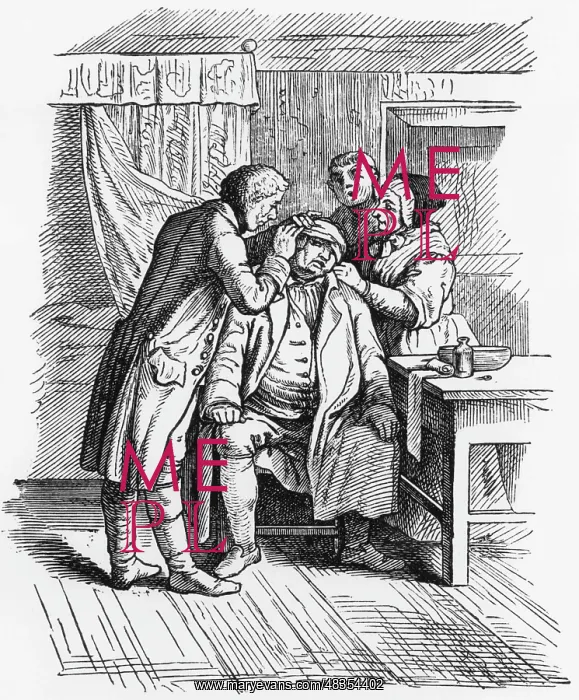 : Barber surgeon with a patient, around 1850 : Barber surgeon with a patient, around 1850