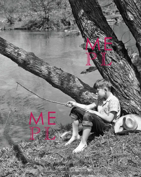 : Barefoot Boy Sitting Under Tree by Stream Fishing with Tw : Barefoot Boy Sitting Under Tree by Stream Fishing with Tw