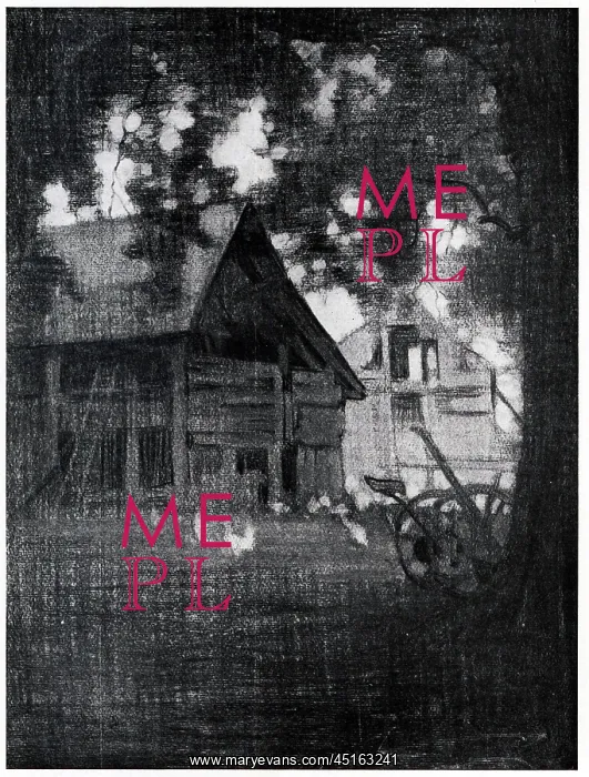 : The Barn. A charcoal drawing showing a view of a bark : The Barn. A charcoal drawing showing a view of a bark