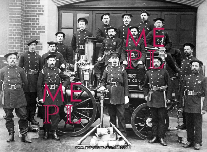 : Barnet Fire Brigade with fire fighting equipment : Barnet Fire Brigade with fire fighting equipment