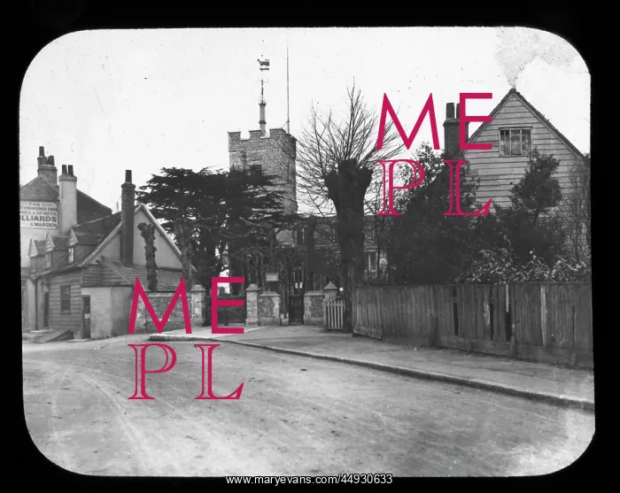 : Barnett - View along road, houses and church. Part of Box 318 Boswell Collection - Dickens : Barnett - View along road, houses and church. Part of Box 318 Boswell Collection - Dickens