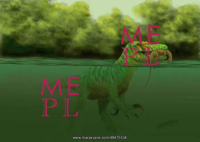 : A Baryonyx escapes swimming from a brawl with a ? : A Baryonyx escapes swimming from a brawl with a ?