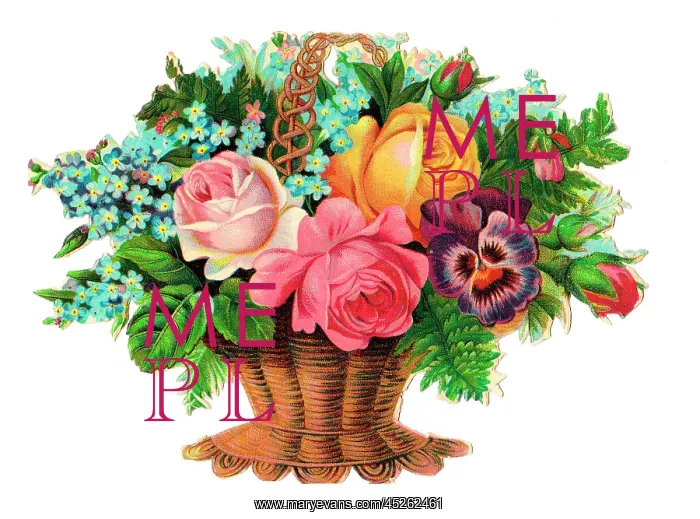 : Basket of assorted flowers on a Victorian scrap : Basket of assorted flowers on a Victorian scrap