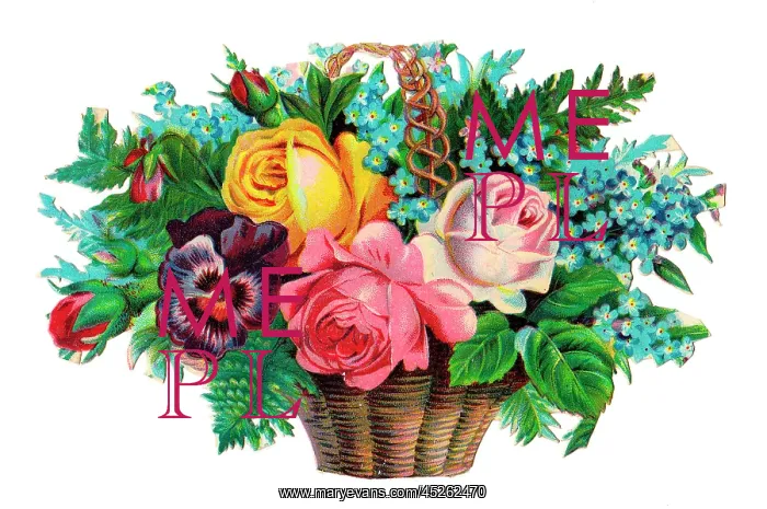 : Basket of assorted flowers on a Victorian scrap : Basket of assorted flowers on a Victorian scrap
