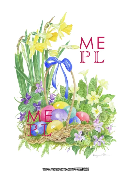 : Basket of coloured eggs with spring flowers : Basket of coloured eggs with spring flowers