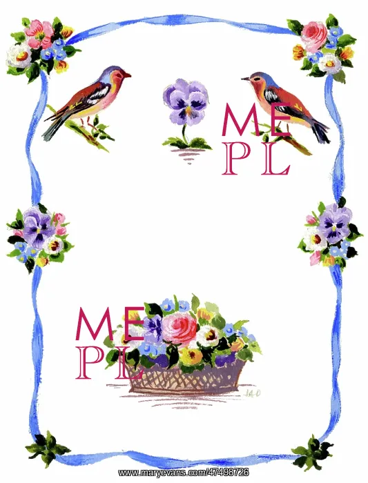  : Basket of flowers and posies and two birds