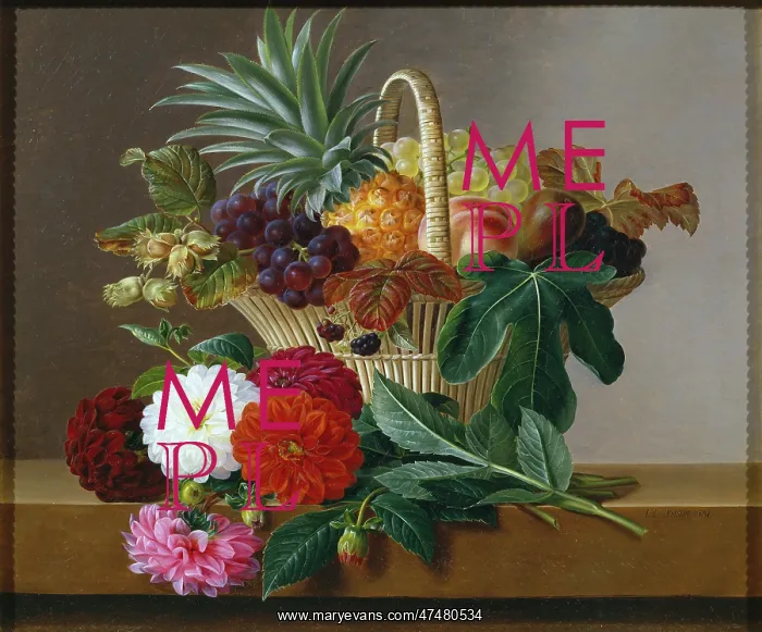 : Basket of Fruit with Dahlias : Basket of Fruit with Dahlias