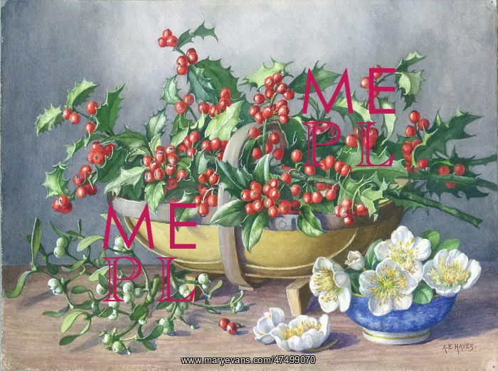 : Basket of Holly, mistletoe and Christmas roses : Basket of Holly, mistletoe and Christmas roses