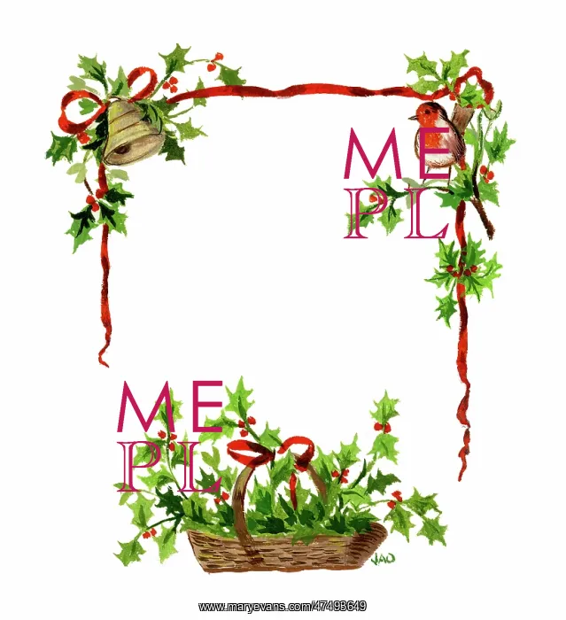 : Basket of holly with robin and bell : Basket of holly with robin and bell