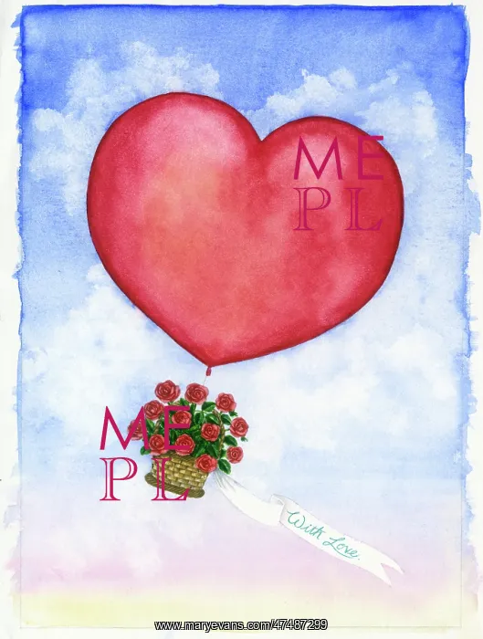 : Basket of roses under a heart shaped balloon : Basket of roses under a heart shaped balloon