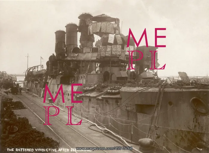 : Battered cruiser HMS Vindictive after Zeebrugge Raid : Battered cruiser HMS Vindictive after Zeebrugge Raid