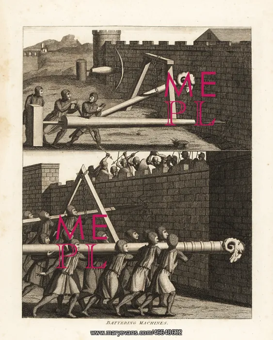 : Battering rams attacking castle walls : Battering rams attacking castle walls