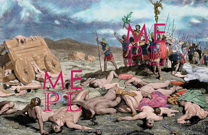 : The Battle of Aquae Sextiae, 102 BC. Engraving. Colored : The Battle of Aquae Sextiae, 102 BC. Engraving. Colored
