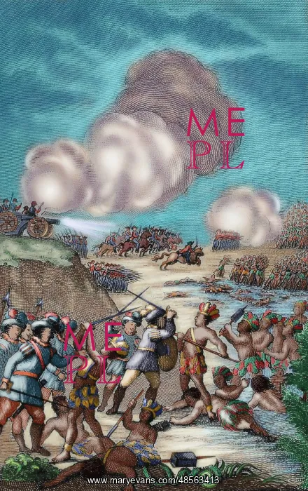 : Battle between spaniards and indians of Tabasco. Colored eng : Battle between spaniards and indians of Tabasco. Colored eng