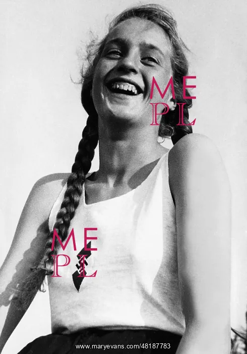 : BDM girl with long blond braids in gymnast dress laughs into the camera : BDM girl with long blond braids in gymnast dress laughs into the camera