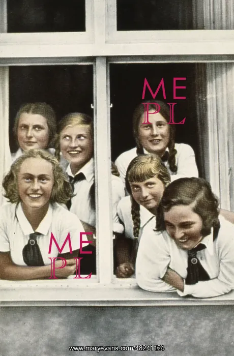 : BDM girl. Members of the BDM look out of a window : BDM girl. Members of the BDM look out of a window