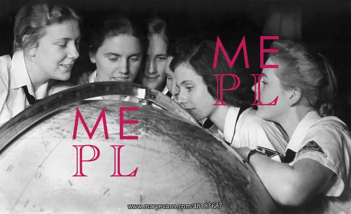  : BDM girls looking at a globe, 1940