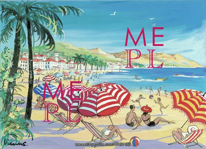 : Beach Scene with palm trees, striped umbrellas : Beach Scene with palm trees, striped umbrellas