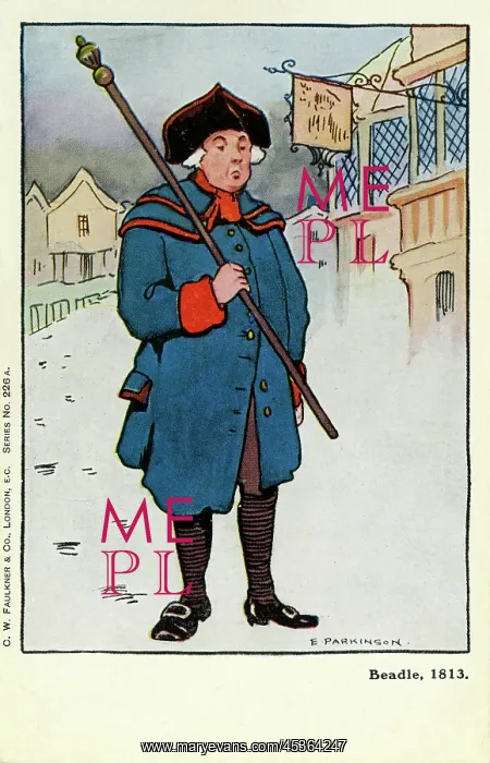 : Beadle. A beadle of 1813 holding his staff of office. Artist: Ethel Parkinson : Beadle. A beadle of 1813 holding his staff of office. Artist: Ethel Parkinson