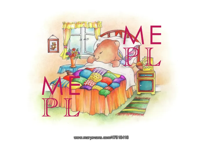 : Bear in bed with patchwork quilt : Bear in bed with patchwork quilt