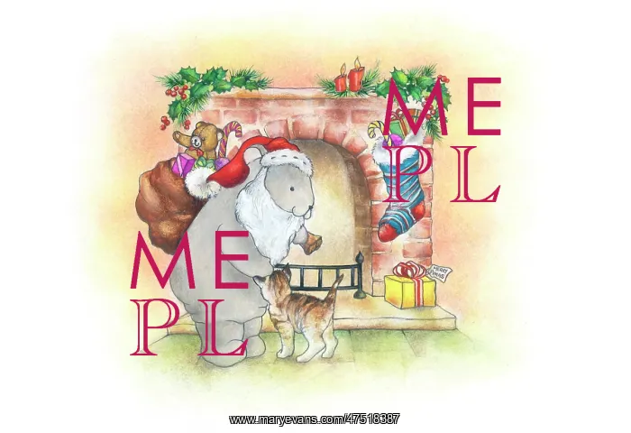 : Bear Father Christmas and cat on the hearth : Bear Father Christmas and cat on the hearth