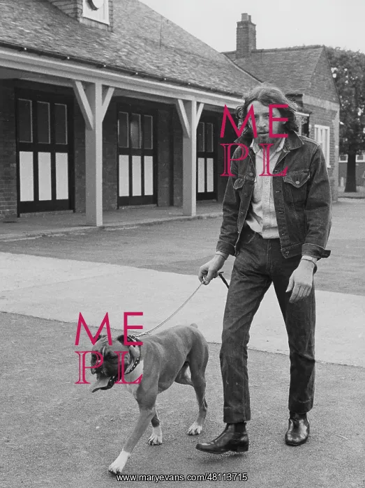 : Bearded man with boxer dog : Bearded man with boxer dog