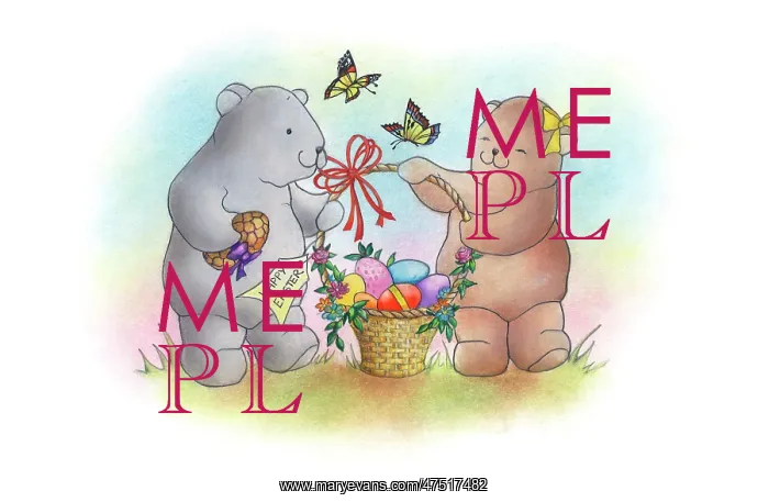 : Two bears with a basket of Easter Eggs : Two bears with a basket of Easter Eggs