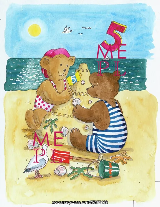 : Two Bears Building a Sandcastle on a beach with seagull, she : Two Bears Building a Sandcastle on a beach with seagull, she