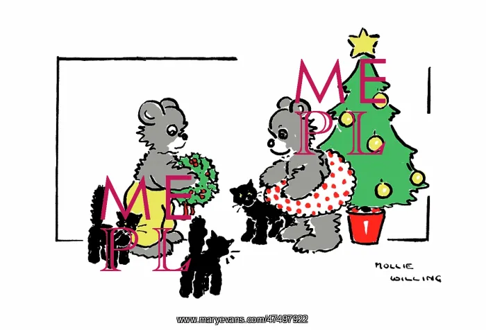 : Bears and kittens beside a Christmas tree : Bears and kittens beside a Christmas tree