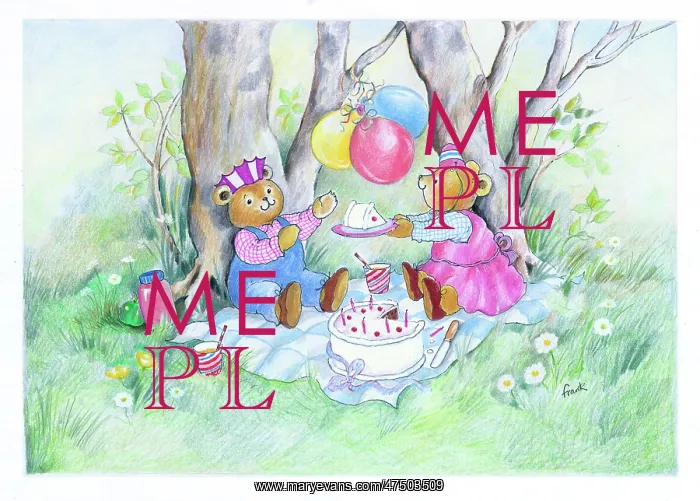 : Two bears picnicking, with birthday cake : Two bears picnicking, with birthday cake