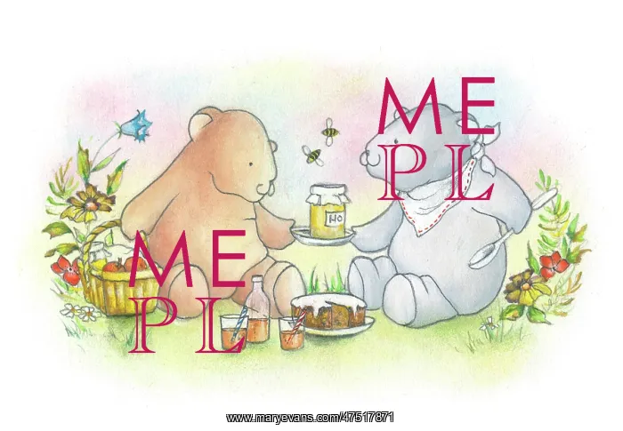: Two Bears picnicking with jar of honey & cake : Two Bears picnicking with jar of honey & cake