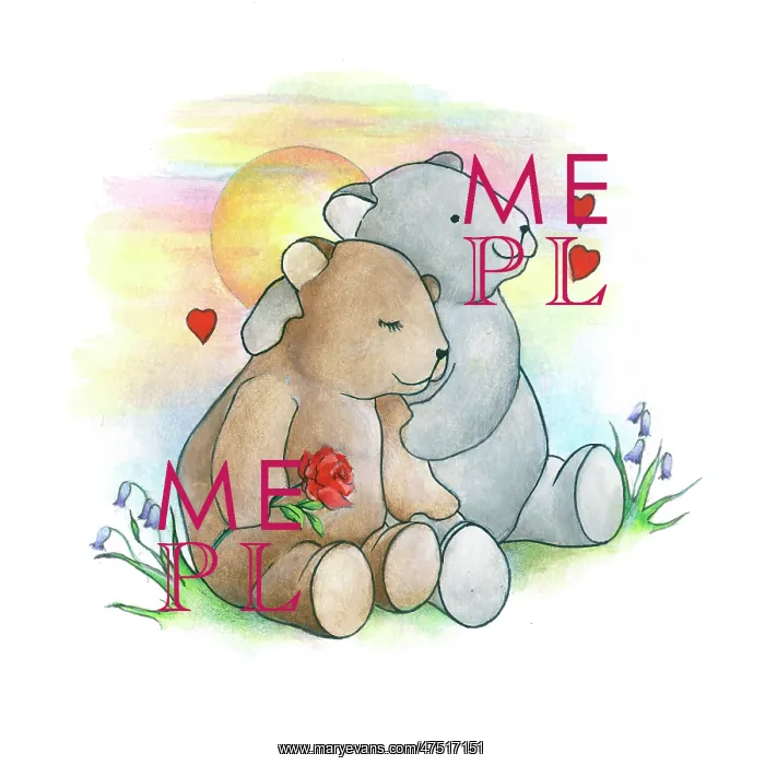 : Two bears sitting together among bluebells : Two bears sitting together among bluebells