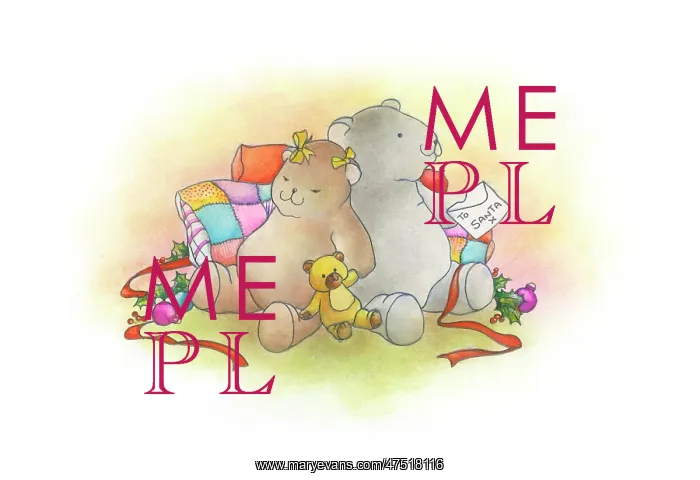 : Two bears sitting with teddy, ribbons and holly : Two bears sitting with teddy, ribbons and holly