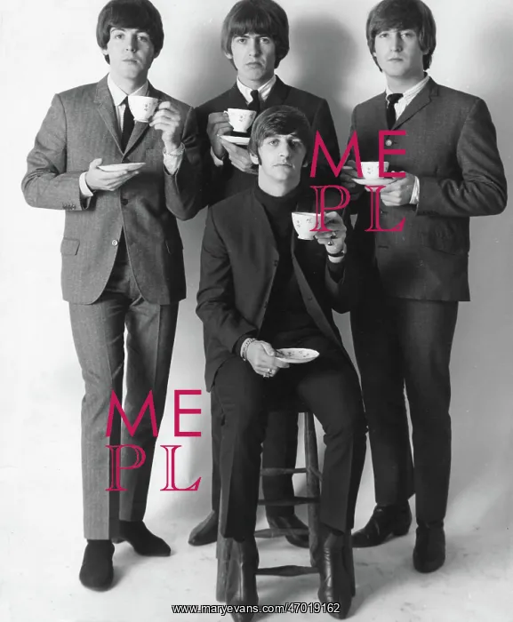 : The Beatles pop group with cups of tea, New York : The Beatles pop group with cups of tea, New York
